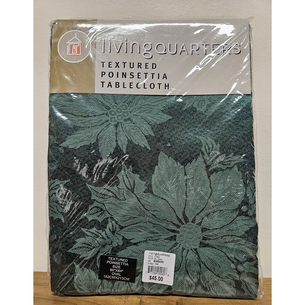 LivingQuarters Textured Green Poinsettia Oval Tablecloth 60x84 Holiday Christmas